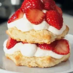 A close-up view of a perfectly assembled Bisquick strawberry shortcake, featuring golden-brown shortcakes layered with fresh strawberries and whipped cream, served on a white plate. Ideal for showcasing the recipe's final result and its delicious appeal.