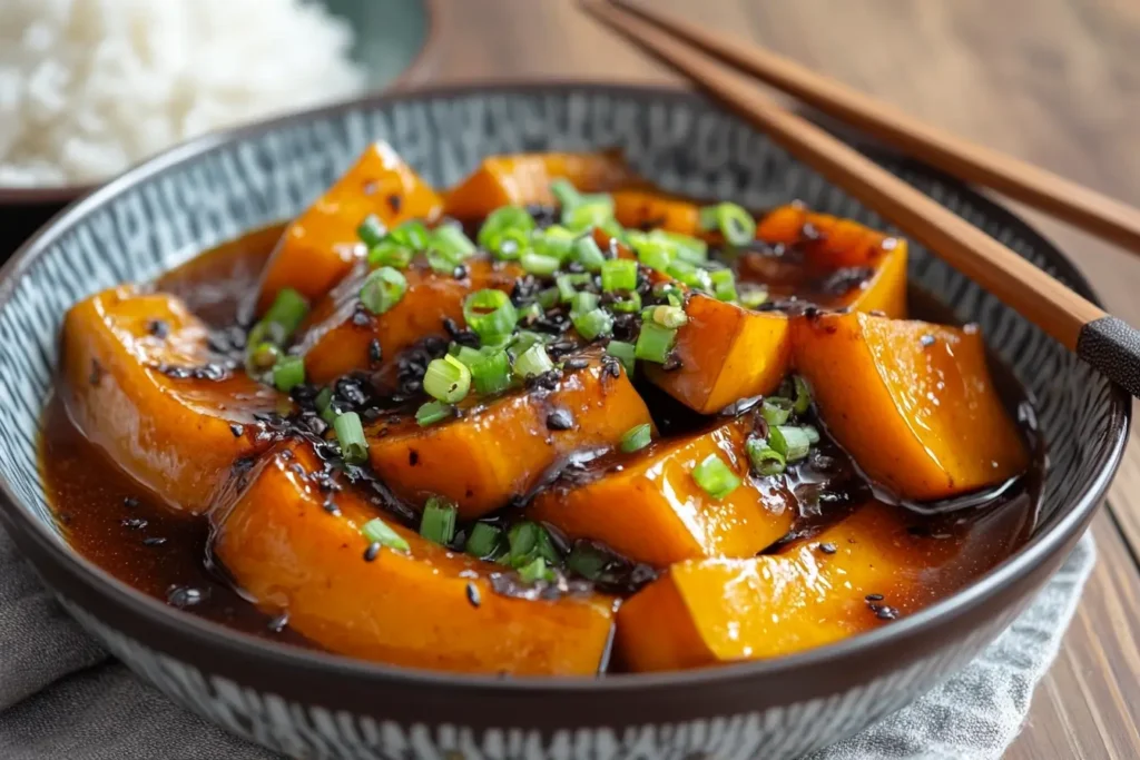 Braised Kabocha squash in soy sauce, topped with green onions and sesame seeds, served in a patterned bowl with chopsticks and steamed rice in the background.