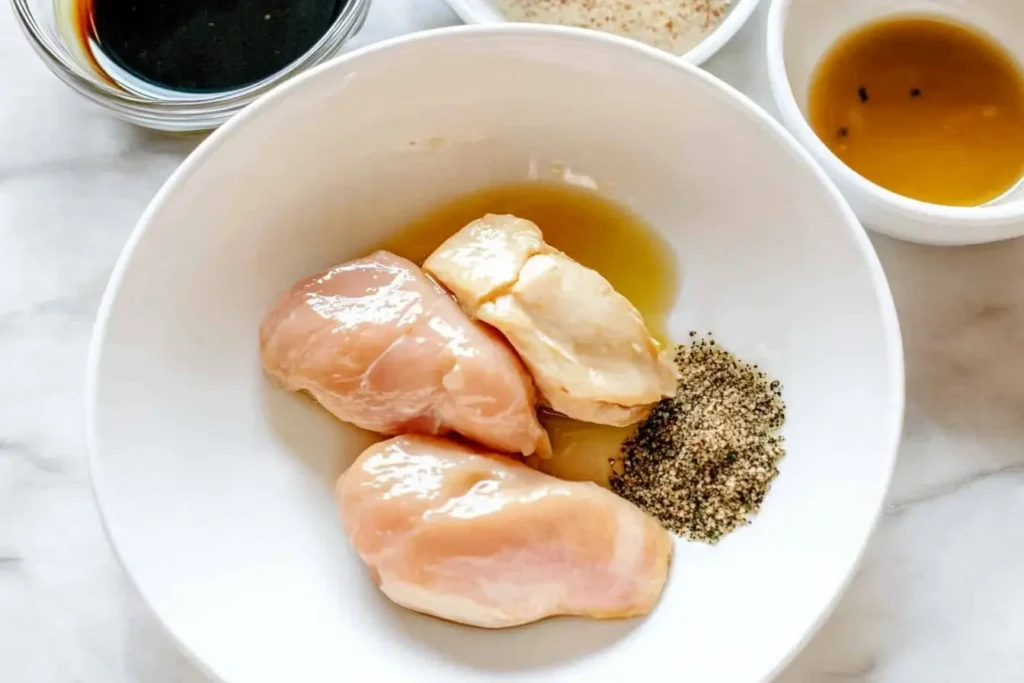 A white bowl containing raw chicken breasts, olive oil, black pepper, and seasonings, surrounded by small bowls of soy sauce and other marinade ingredients, highlighting the preparation process for Blackstone chicken recipes.