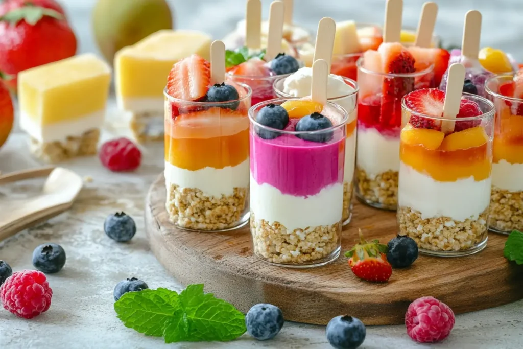 A beautifully arranged dessert platter featuring colorful cottage cheese parfaits in clear glasses, layered with fresh fruits, granola, and creamy cCottage Cheese Desserts, presented on a wooden board with scattered berries and mint leaves.