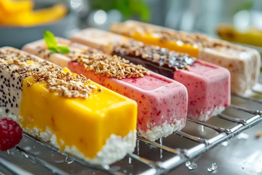 Close-up of vibrant cottage cheese popsicles in various flavors, such as mango, berry, and chocolate, topped with granola and served on a cooling rack, with fresh fruit and mint in the background.