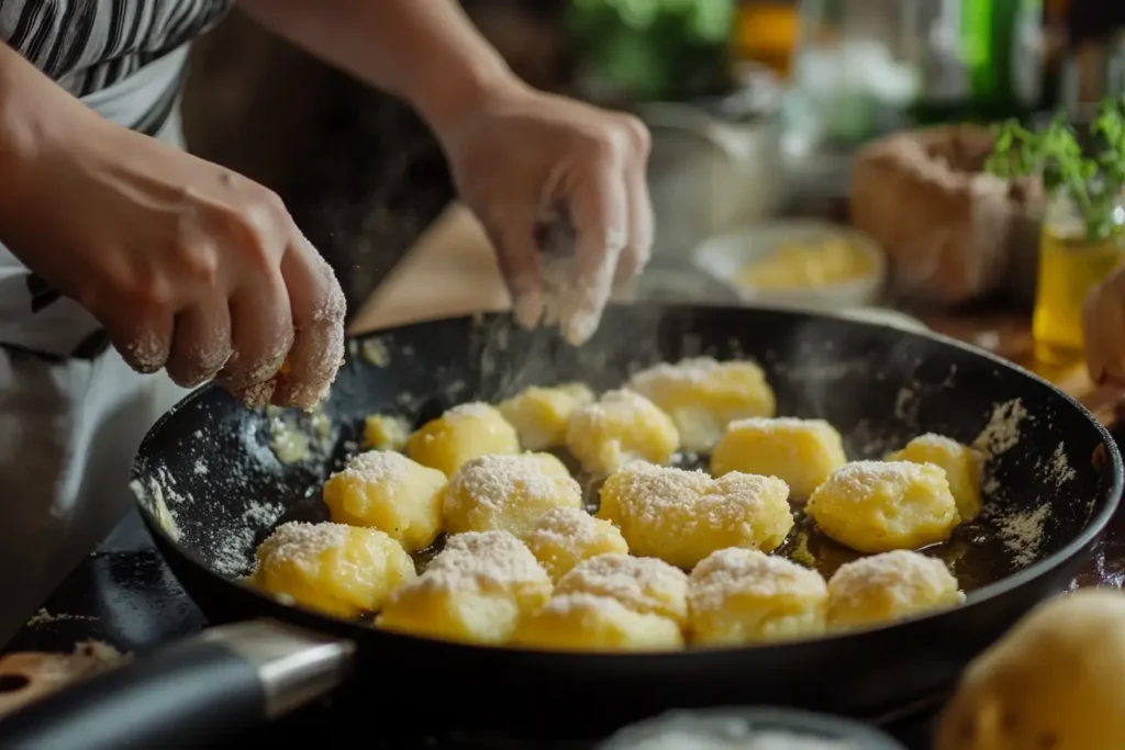 Hands forming papas rellenas with potato dough and filling, while golden papas fry in a pan in the background.