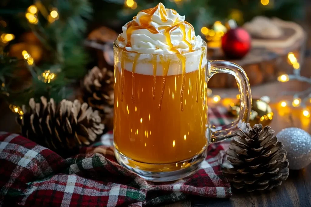 A festive mug of Fireball Apple Cider topped with whipped cream and caramel drizzle, set amidst holiday decorations like pine cones and lights.