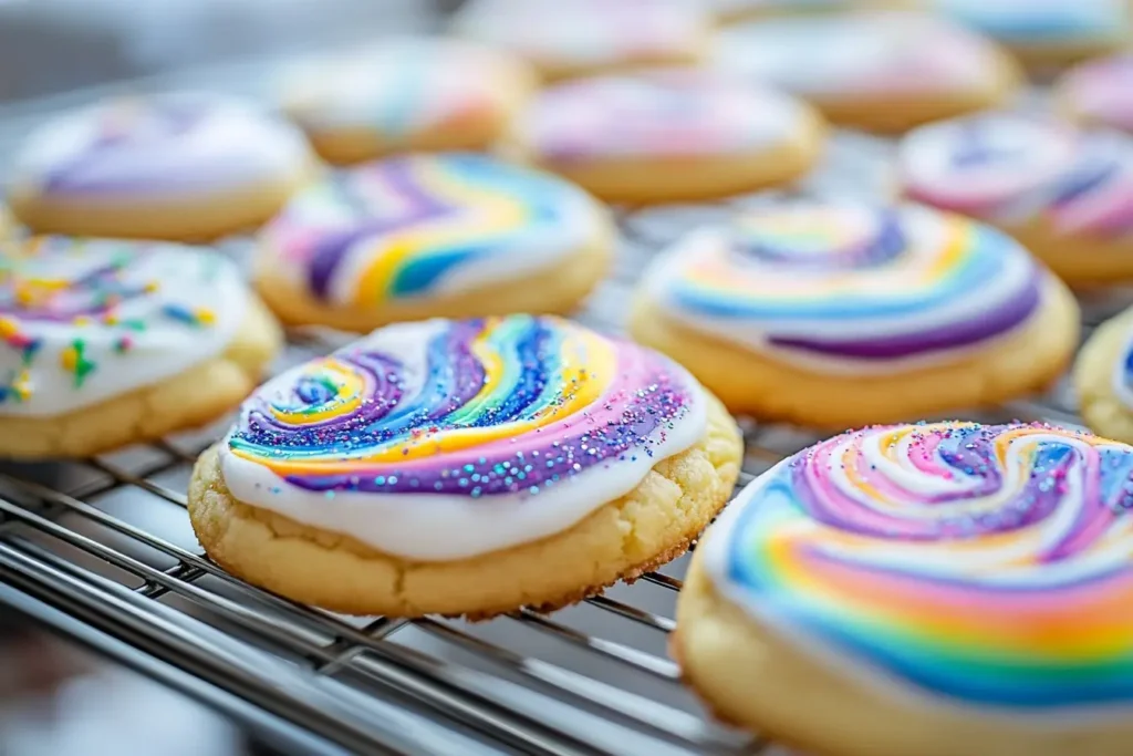  A variety of freshly baked colorful cookies on a cooling rack, showcasing intricate marbled patterns and vibrant decorations.