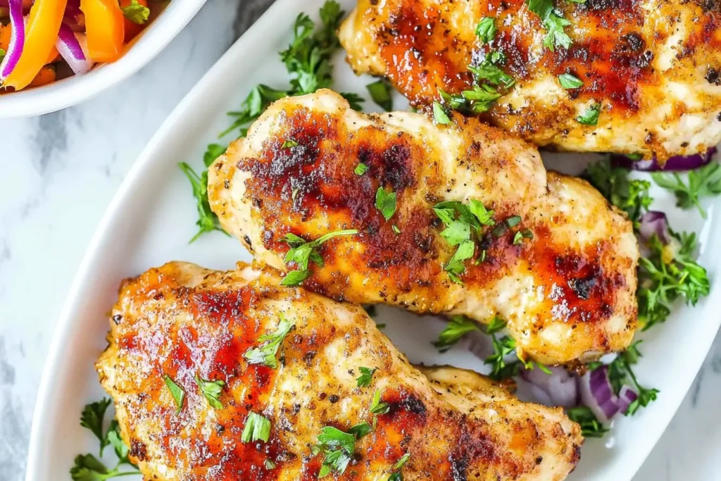 A close-up of juicy grilled chicken breasts garnished with fresh parsley, served on a white plate with a side of colorful vegetables, showcasing a healthy and low-carb meal option.