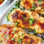 A close-up of juicy grilled chicken breasts garnished with fresh parsley, served on a white plate with a side of colorful vegetables, showcasing a healthy and low-carb meal option.