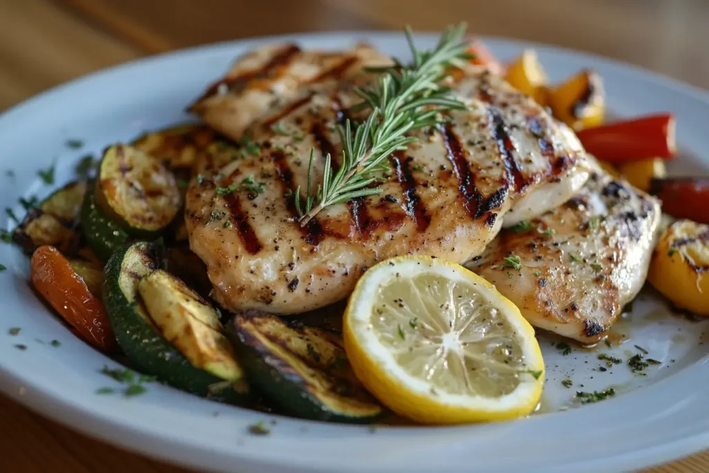 A beautifully plated dish of grilled lemon herb chicken with golden-brown grill marks, garnished with fresh rosemary and lemon slices, served with roasted zucchini, bell peppers, and cherry tomatoes.