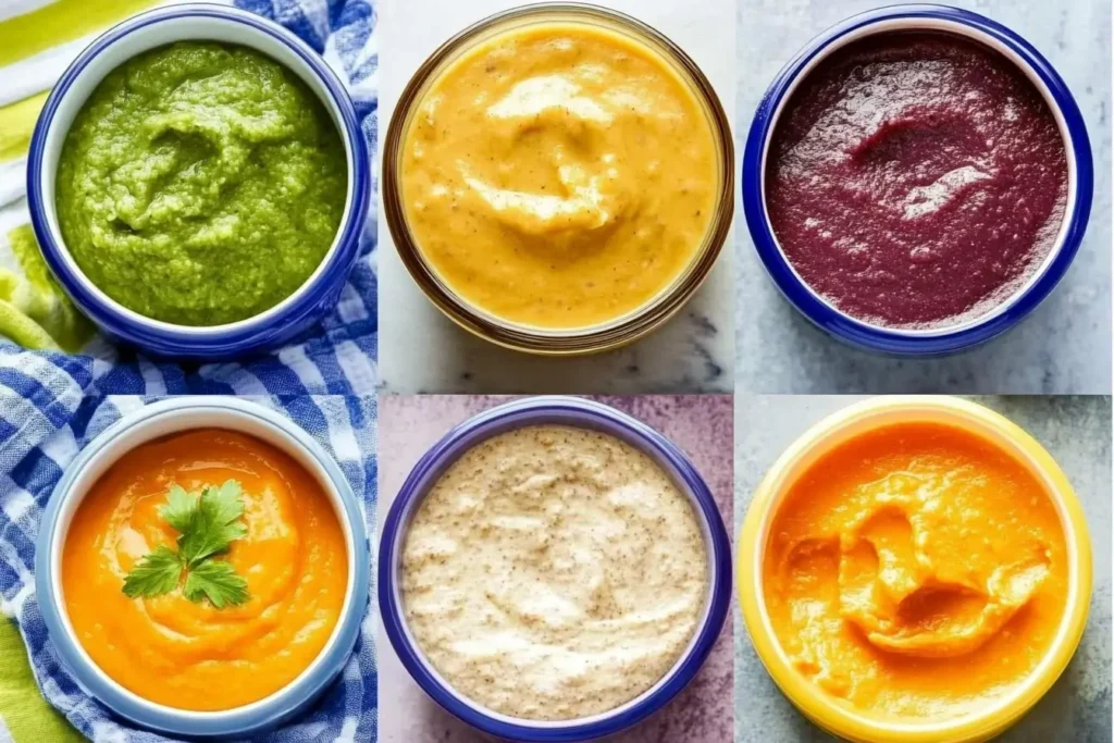 A colorful assortment of homemade baby puree recipes in bowls, featuring vibrant flavors like carrots, peas, sweet potatoes, and fruits, showcasing variety and creativity in baby food preparation.