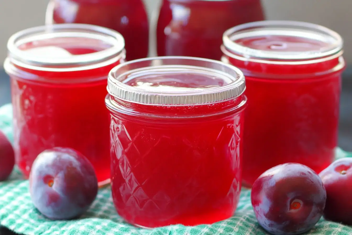 Homemade plum jelly in glass jars with a vibrant red color, surrounded by fresh plums on a green cloth. A visually appealing representation of a delicious plum jelly recipe.