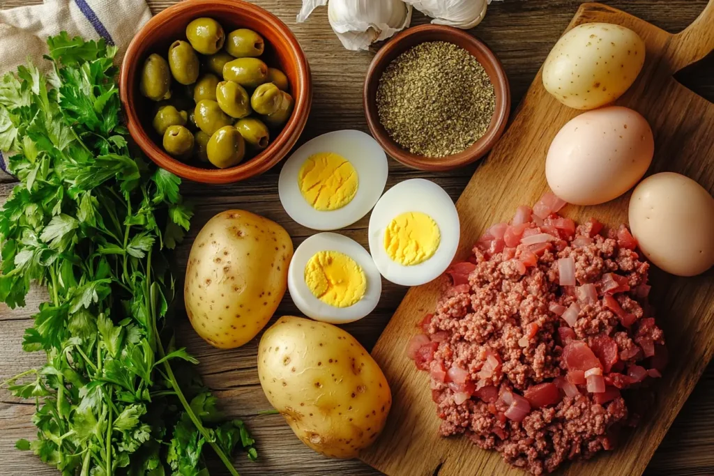 Ingredients for Chilean papas rellenas, including potatoes, beef, onions, eggs, olives, and spices, displayed on a wooden cutting board.