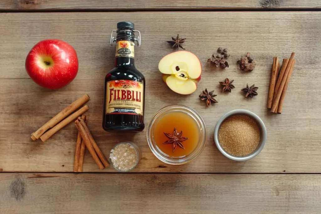 A flat lay of ingredients for Fireball Apple Cider, featuring Fireball whisky, apple cider, cinnamon sticks, and spices on a rustic wooden table.