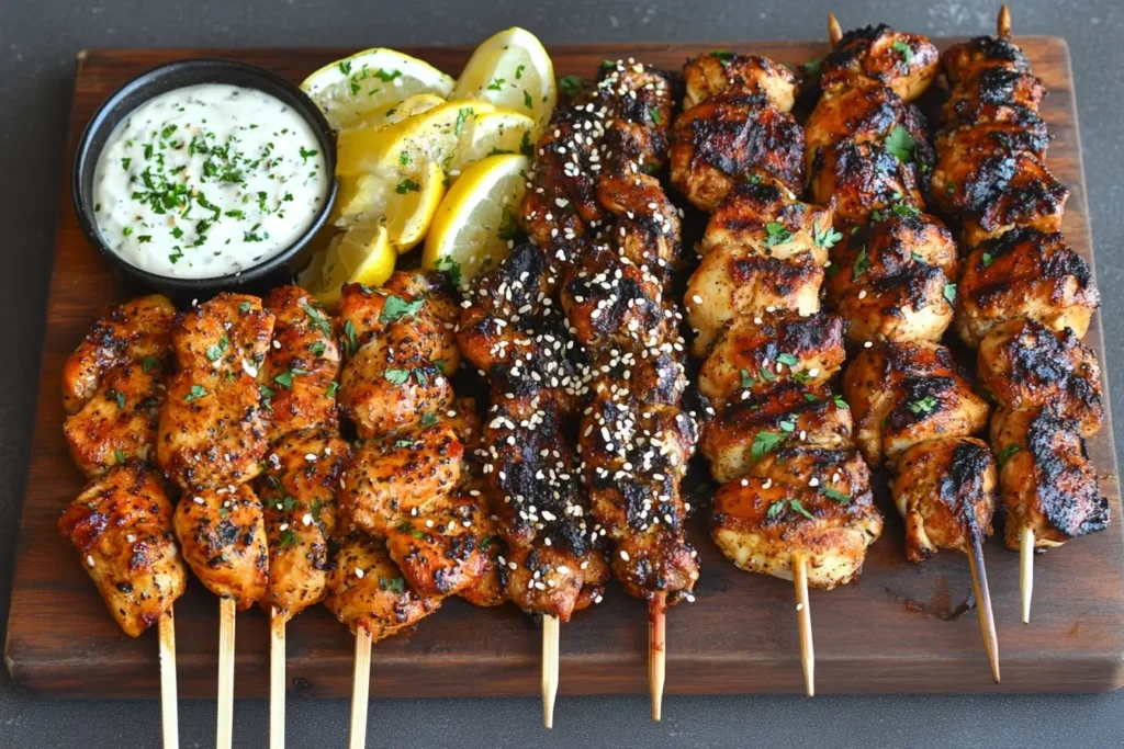 A vibrant platter featuring Tandoori Chicken, Mediterranean chicken skewers with lemon wedges, and Teriyaki chicken glazed with sesame seeds, served with a creamy yogurt dip and garnished with fresh parsley.