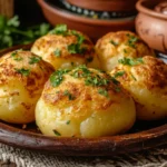 Golden-brown Chilean papas rellenas served on a rustic wooden table with traditional Chilean decor in the background.