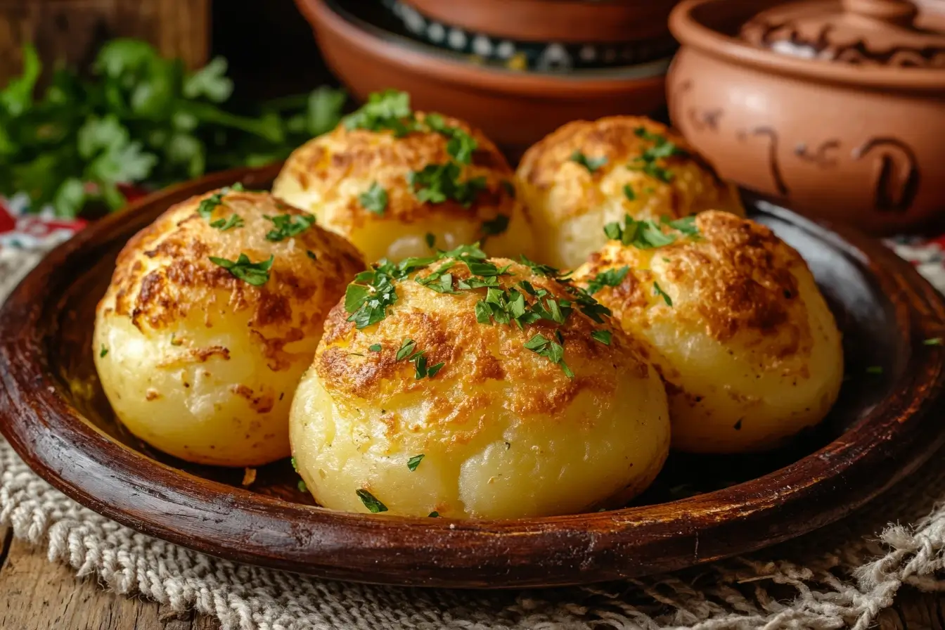 Golden-brown Chilean papas rellenas served on a rustic wooden table with traditional Chilean decor in the background.