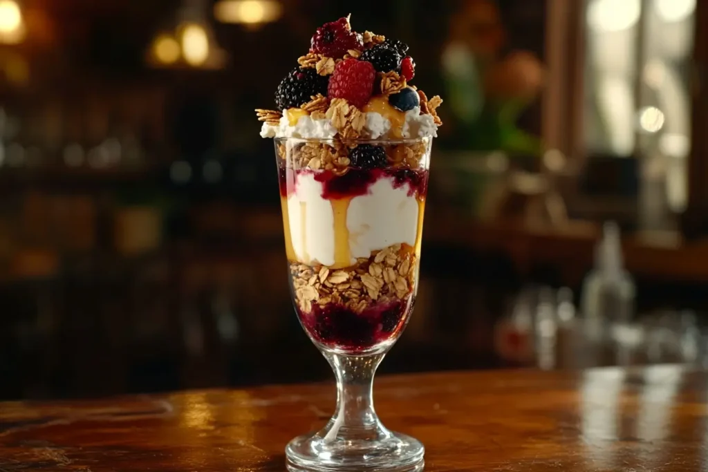 A tall clear glass filled with layers of creamy cottage cheese, mixed berries, granola, and a drizzle of honey, beautifully presented with a warm and inviting background, perfect as a healthy and delicious dessert.