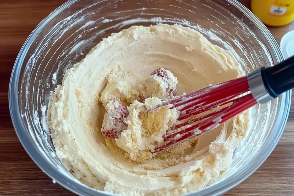 A glass bowl filled with freshly mixed Bisquick dough, with strawberries being incorporated using a red whisk. Perfect for illustrating the preparation process of Bisquick strawberry shortcake.