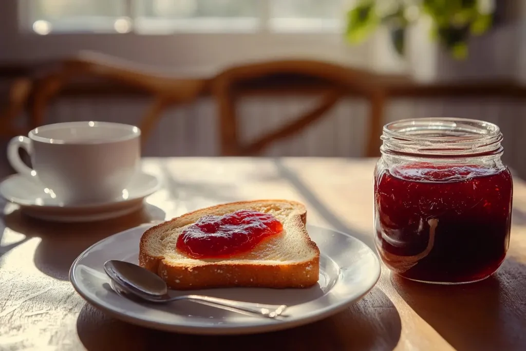 A beautifully styled breakfast table featuring toast topped with homemade plum jelly, a jar of jelly, a spoon, and a cup of tea. Sunlight streams through the window, creating a warm and inviting scene.