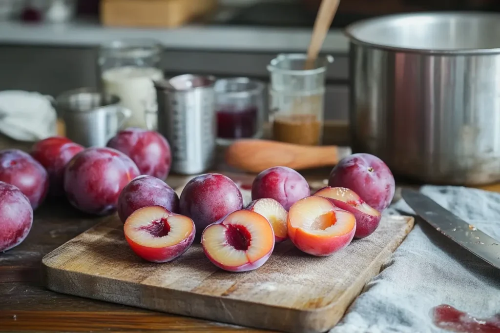 "Fresh plums halved and pitted on a wooden cutting board, surrounded by kitchen tools and ingredients like sugar and spices, ready for making homemade plum jelly