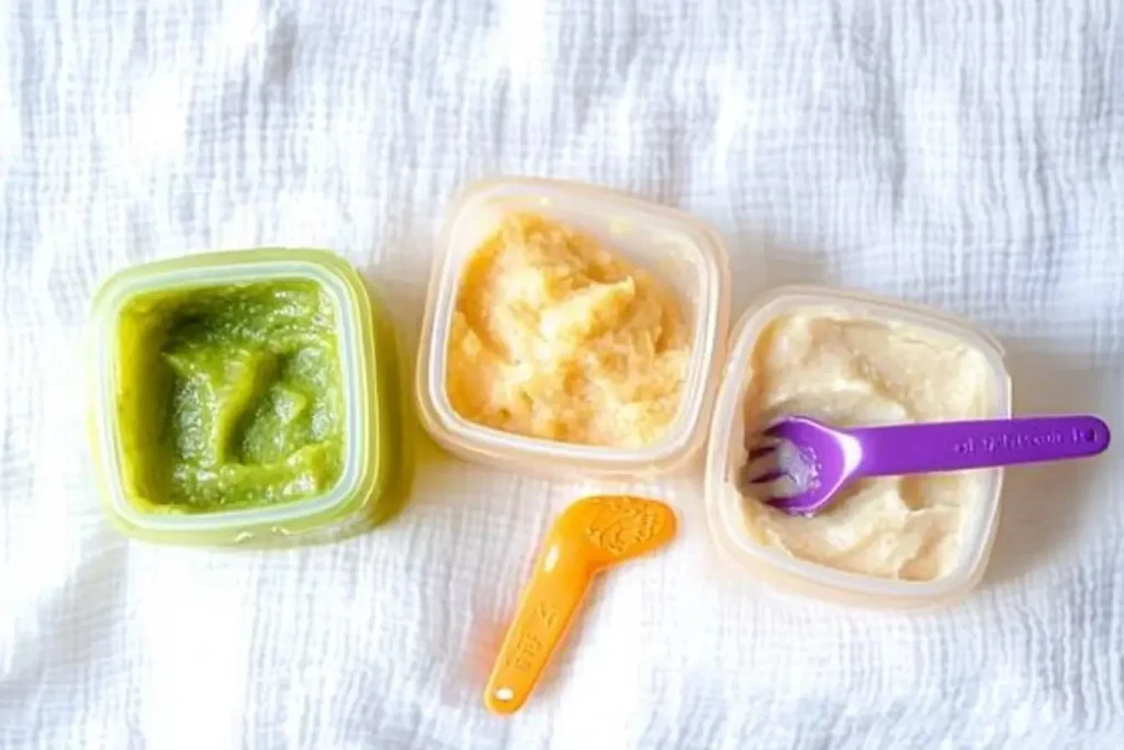 Three containers of homemade baby purees in vibrant colors like green, orange, and beige, with colorful baby spoons, showcasing proper portioning and storage techniques.