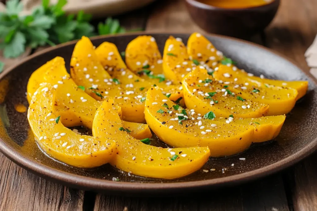 Steamed Kabocha squash slices arranged on a plate, lightly dusted with Chinese five-spice powder and sesame seeds, garnished with parsley, and served on a rustic wooden table.