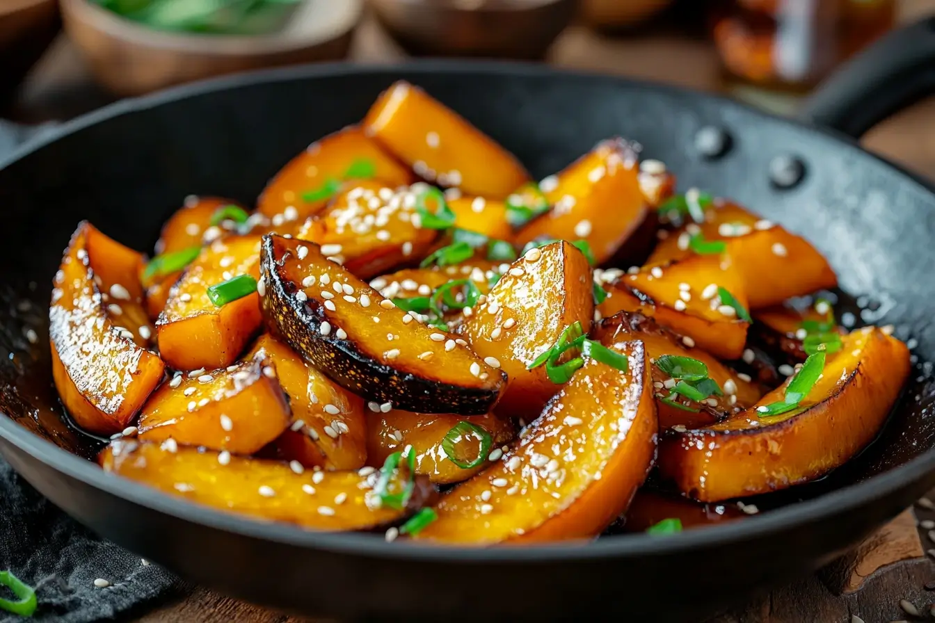 Stir-fried Kabocha squash wedges caramelized in garlic and ginger, garnished with sesame seeds and fresh green onions, served in a black wok.