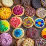 A vivid display of colorful cookies, including rainbow sugar cookies and stained glass cookies, on a rustic wooden table.