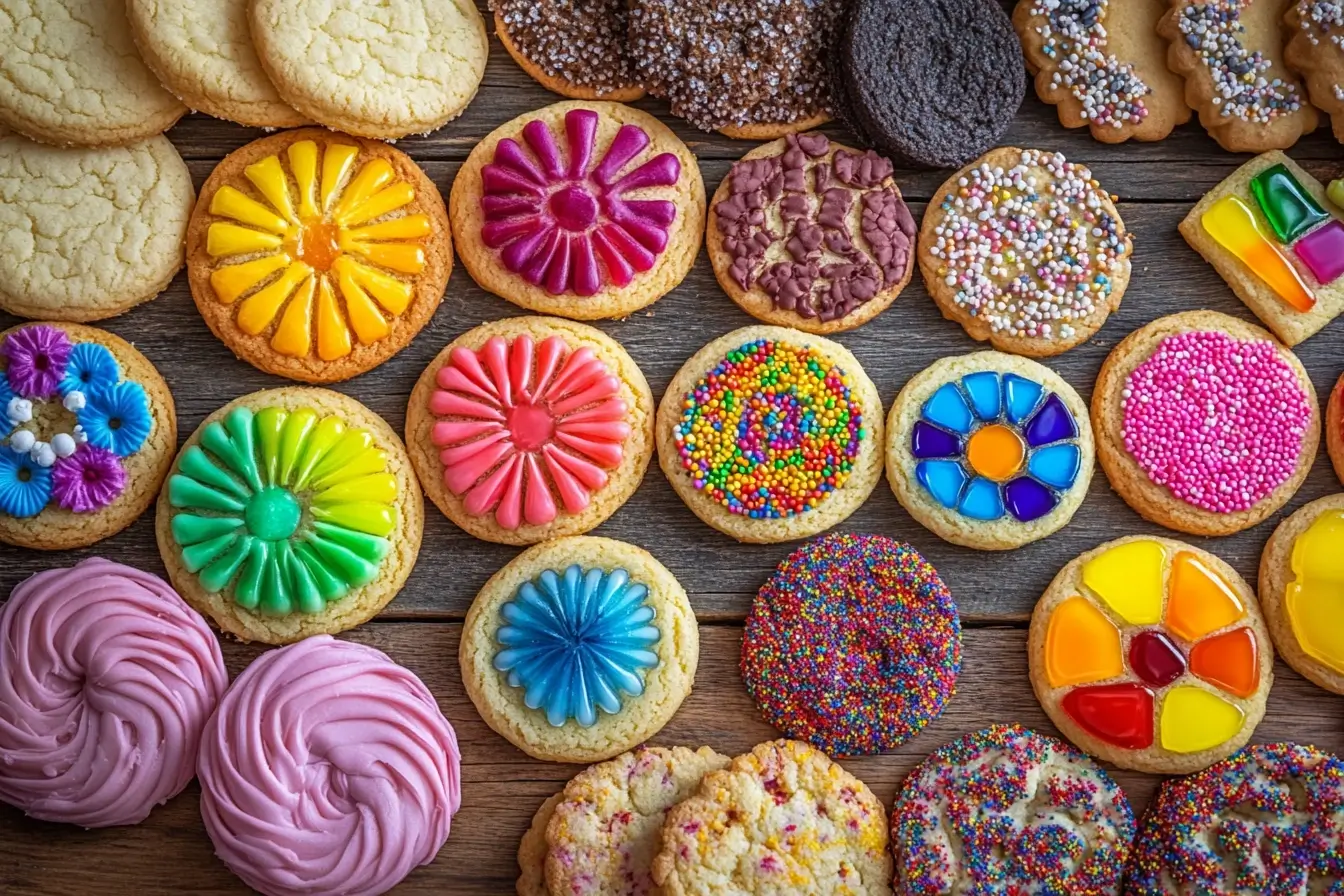 A vivid display of colorful cookies, including rainbow sugar cookies and stained glass cookies, on a rustic wooden table.