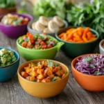 Colorful bowls of AIP-friendly meals including roasted sweet potatoes, purple cabbage slaw, avocado and broccoli salad, fresh greens, and vibrant vegetables, arranged on a rustic wooden table with fresh herbs in the background.