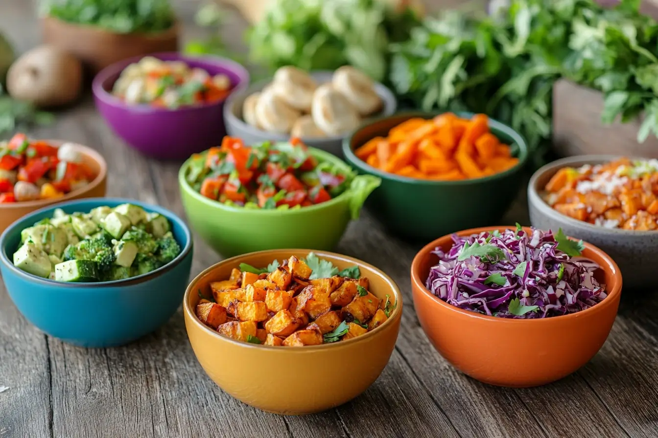 Colorful bowls of AIP-friendly meals including roasted sweet potatoes, purple cabbage slaw, avocado and broccoli salad, fresh greens, and vibrant vegetables, arranged on a rustic wooden table with fresh herbs in the background.