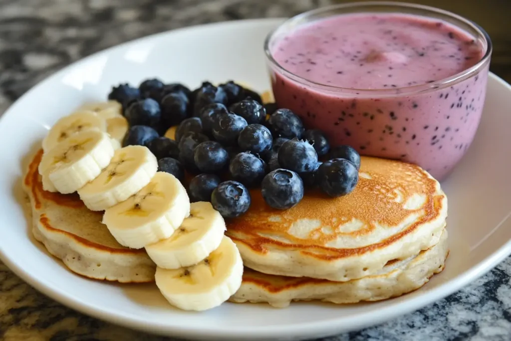 "A plate of fluffy AIP coconut flour pancakes topped with sliced bananas and fresh blueberries, served alongside a vibrant pink bone broth smoothie bowl in a glass dish.