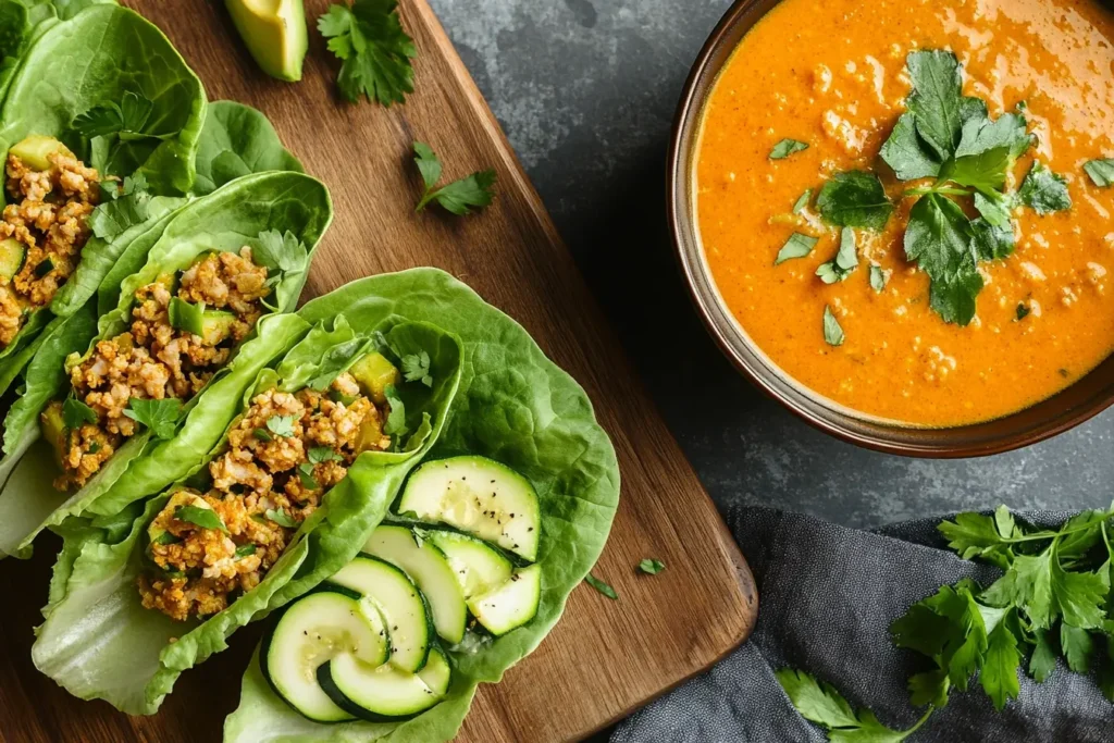 AIP turkey lettuce wraps filled with seasoned ground turkey, zucchini, and fresh herbs, served alongside sliced zucchini and a bowl of turmeric chicken soup garnished with parsley.