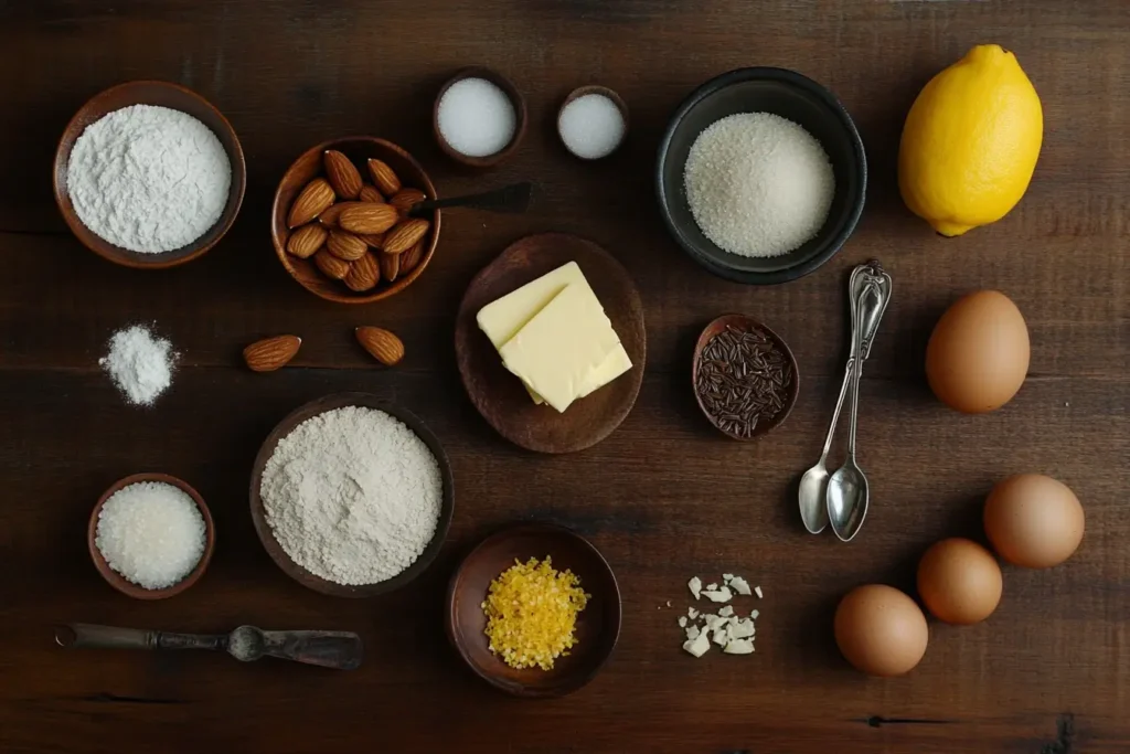 A flat lay of almond nut cake ingredients on a dark wooden surface, including almond flour, whole almonds, butter, eggs, lemon zest, sugar, and salt. The composition highlights the essential components for baking the perfect almond nut cake.