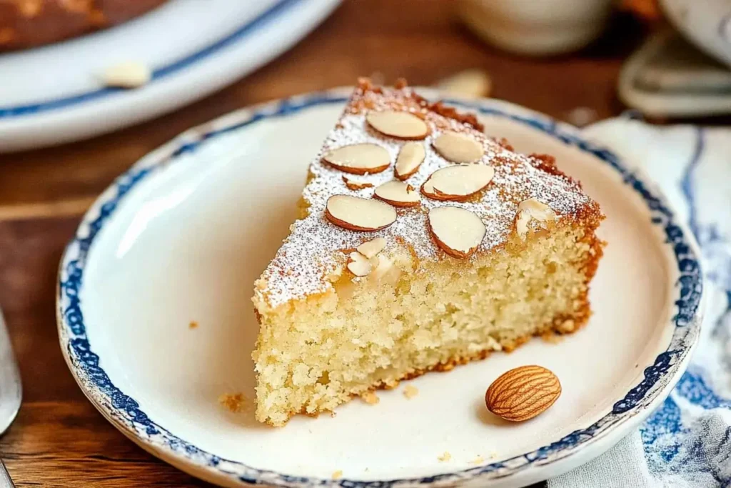 A close-up of a slice of almond nut cake topped with powdered sugar and sliced almonds, served on a decorative white plate with a rustic wooden table in the background. Perfect for illustrating the rich and moist texture of the cake.