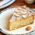 A close-up of a slice of almond nut cake topped with powdered sugar and sliced almonds, served on a decorative white plate with a rustic wooden table in the background. Perfect for illustrating the rich and moist texture of the cake.