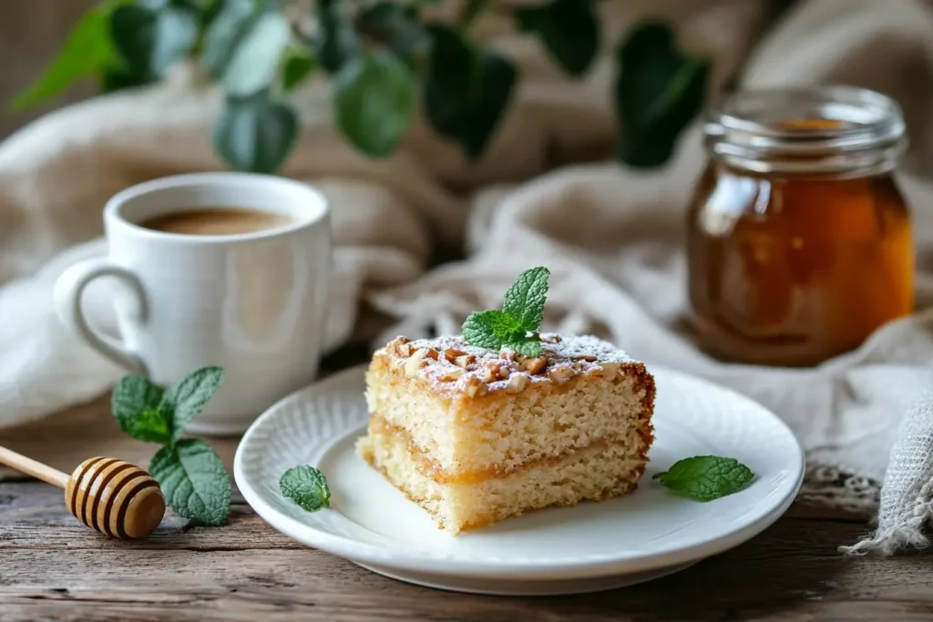 A slice of almond nut cake topped with powdered sugar and garnished with fresh mint, served on a white plate. The setting includes a jar of honey, a honey dipper, and a cup of coffee, creating a cozy and inviting presentation.