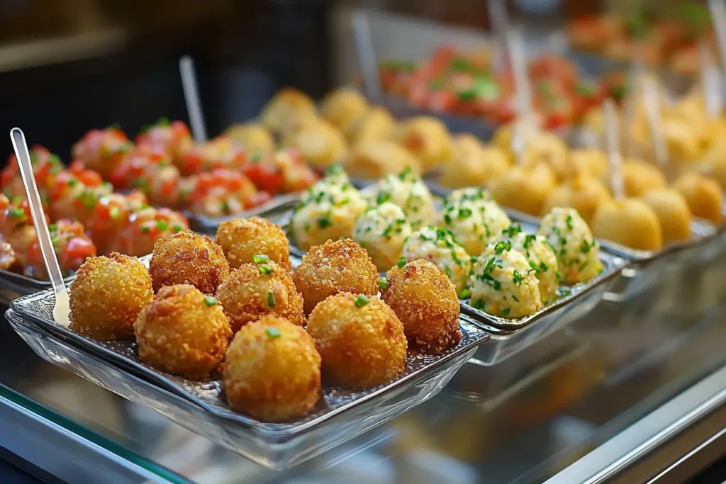 A selection of bite-sized appetizers, including crispy fried balls, creamy cheese bites garnished with chives, and colorful bruschetta, displayed on elegant trays at a party setting.