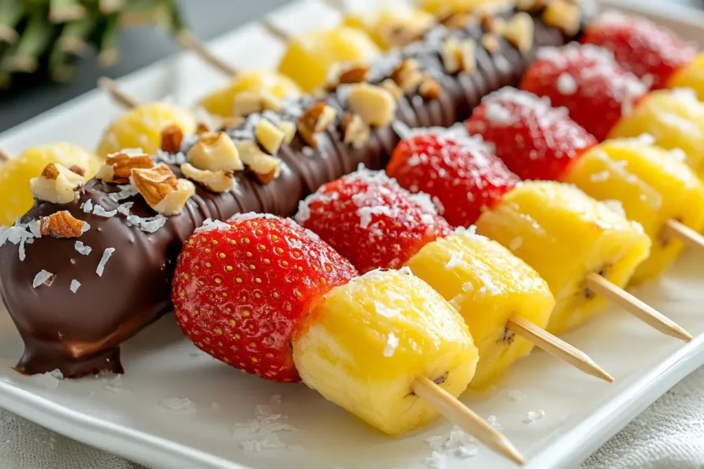 Bite-sized fruit skewers featuring strawberries, bananas, and pineapple chunks, with some dipped in dark chocolate and garnished with crushed nuts and coconut flakes.