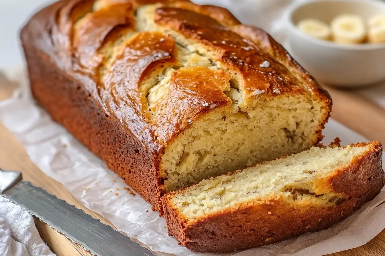 A freshly baked banana bread loaf with a golden crust, sliced to reveal its moist and fluffy interior, placed on parchment paper with a knife nearby.