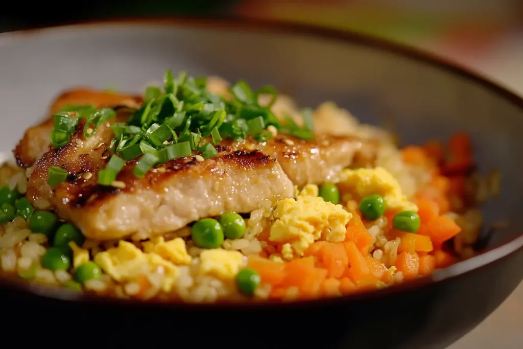 A close-up of classic fried rice with golden scrambled eggs, peas, carrots, and grilled chicken, garnished with fresh green onions, served in a black bowl.