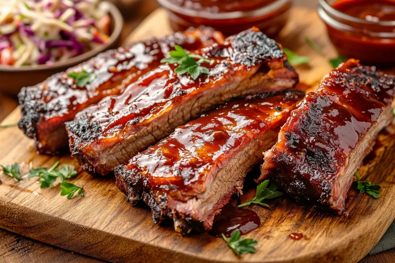 A rustic wooden platter featuring smoked brisket slices, pulled pork, and saucy ribs, served with coleslaw and BBQ sauce.