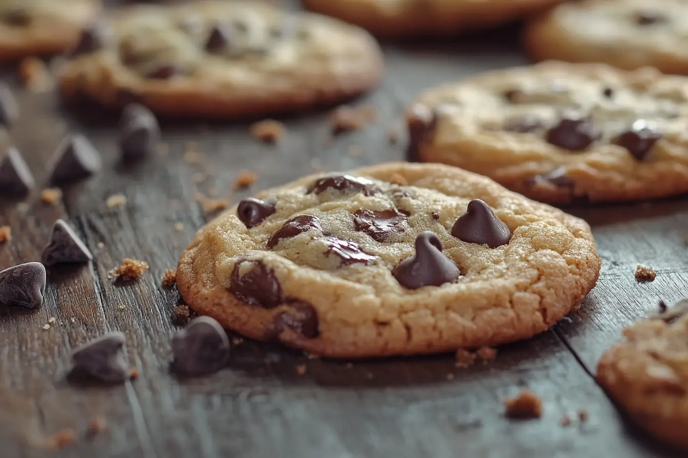 A close-up of Ghirardelli chocolate chip cookies on a rustic wooden surface, showcasing their golden-brown color, gooey chocolate chips, and crumbly texture.