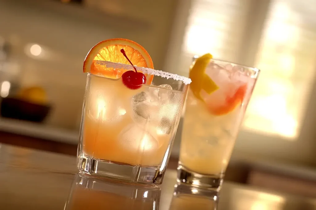 Two cocktails made with homemade sour mix: a whiskey sour garnished with an orange slice and cherry, and a tall Tom Collins with lemon and ice, on a sunny countertop.