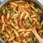 A simmering pot of classic pastalaya, featuring penne pasta, diced tomatoes, fresh herbs, and a rich Cajun sauce, stirred with a wooden spoon.