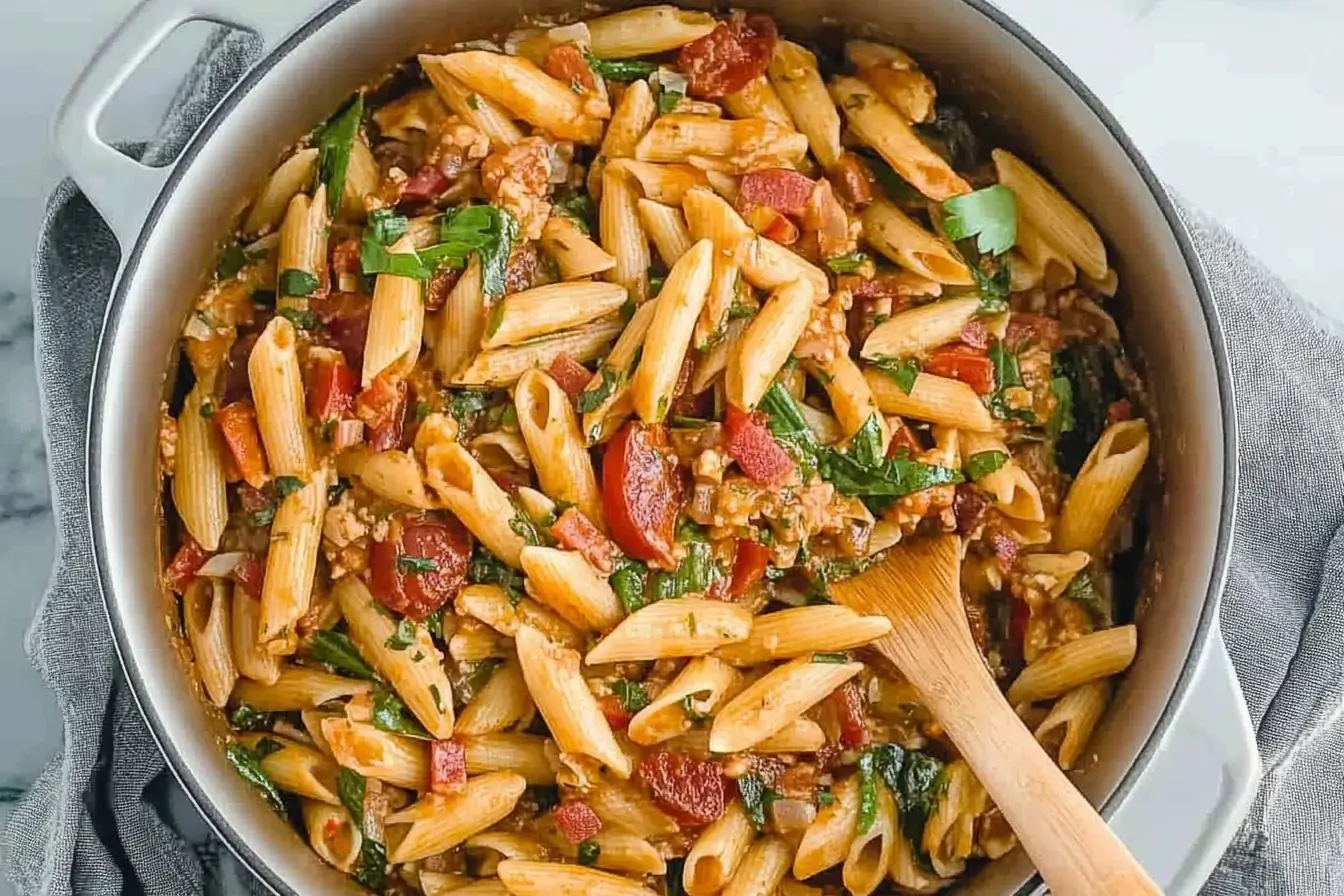 A simmering pot of classic pastalaya, featuring penne pasta, diced tomatoes, fresh herbs, and a rich Cajun sauce, stirred with a wooden spoon.