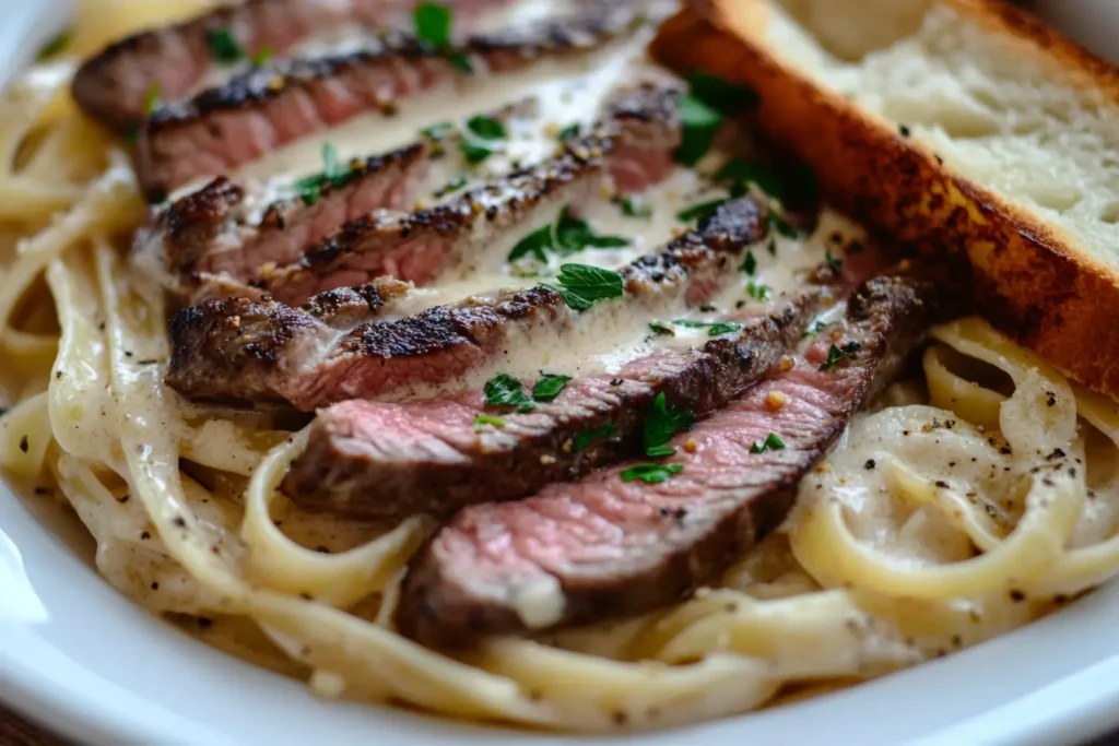 Close-up of a creamy garlic steak and pasta dish with tender steak slices on fettuccine, topped with garlic cream sauce and garnished with parsley.