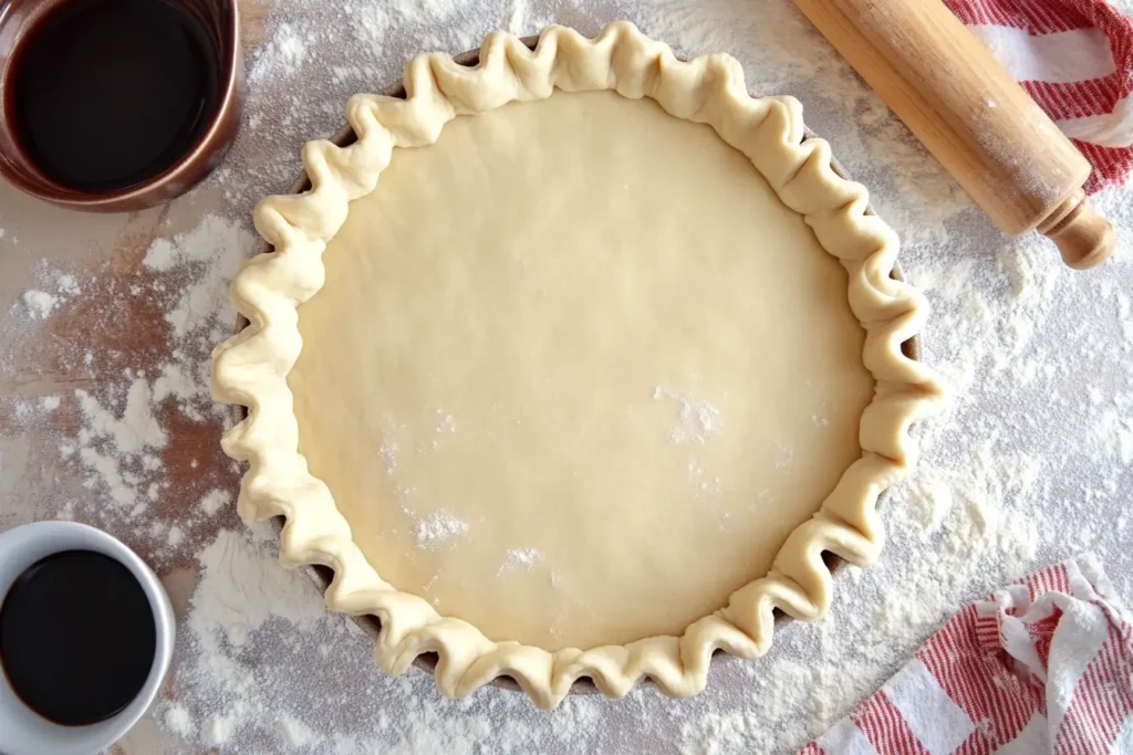 Unbaked Crisco pie crust with crimped edges, perfectly shaped in a pie dish on a floured surface, surrounded by baking tools like a rolling pin and measuring cups.