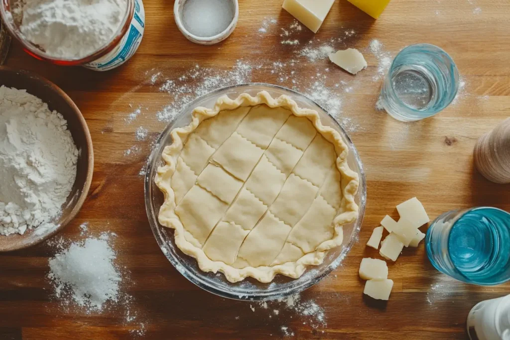 Unbaked Crisco pie crust in a glass dish with crimped edges, surrounded by key ingredients like flour, salt, shortening, and water on a wooden countertop.