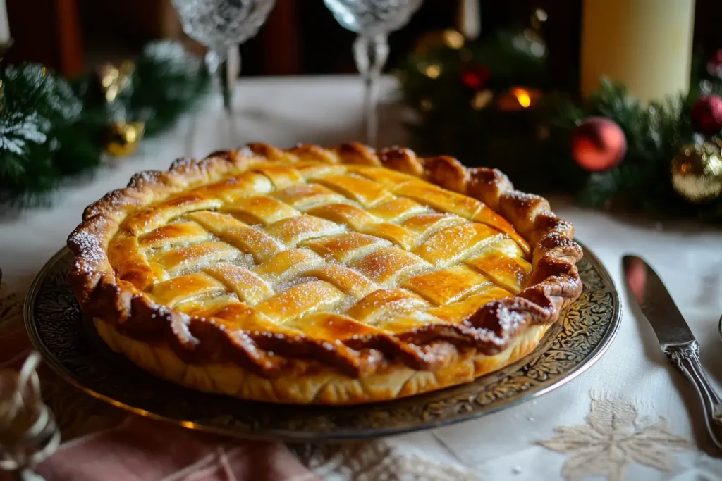 A festive pie with a golden, lattice-top Crisco crust, lightly dusted with sugar and served on a decorative plate, perfect for holiday gatherings.