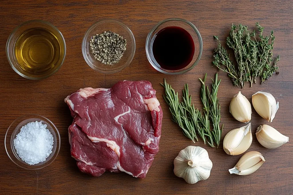 A flat-lay of deer roast ingredients, including raw venison, garlic cloves, fresh rosemary, thyme sprigs, olive oil, red wine, salt, and cracked black pepper on a wooden surface.