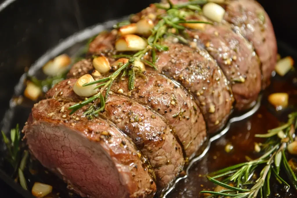 A perfectly seared venison roast in a cast iron skillet, surrounded by caramelized garlic cloves, fresh rosemary sprigs, and a rich broth for flavor.